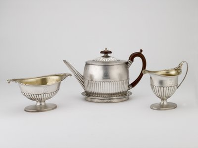 Teapot and Stand, Cream Jug, Sugar Bowl by Michael and Scofield, John Plummer